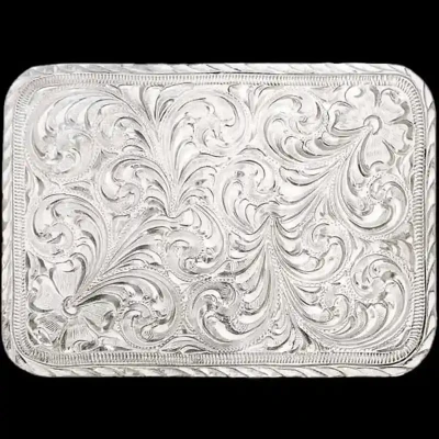 A custom square silver hand engraved belt buckle